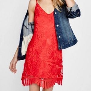 Express Red Orange Crochet Lace Trapeze Dress